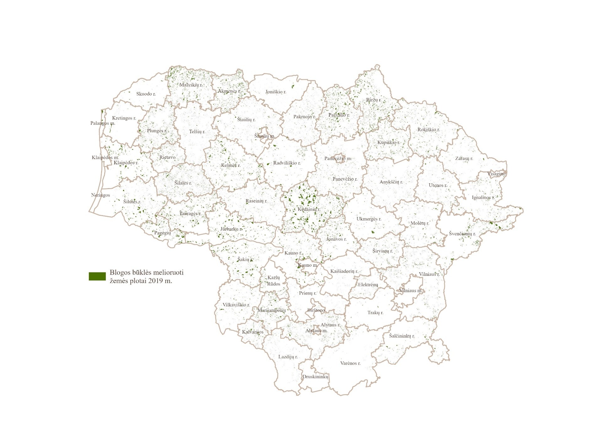 Blogos būklės melioruoti žemės plotai, 2019 m.