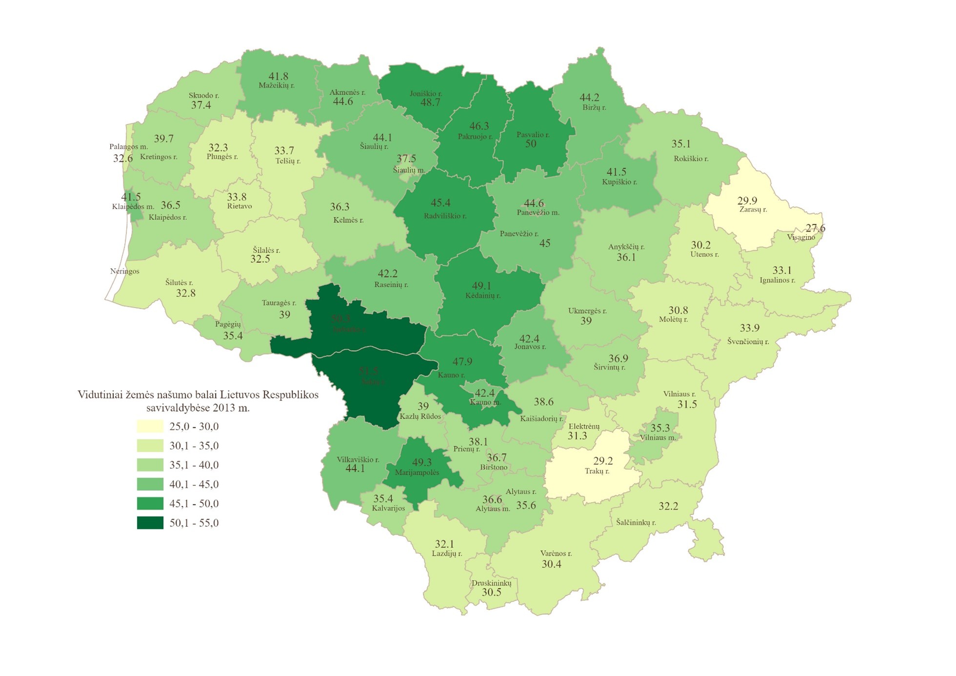 Vidutiniai žemės našumo balai savivaldybėse, 2013 m.