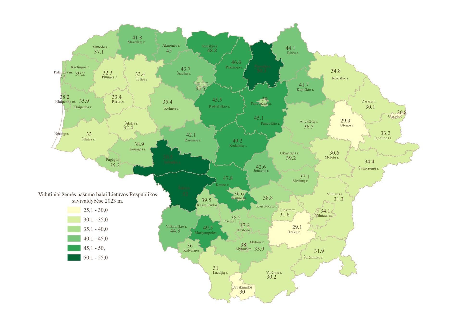 Vidutiniai žemės našumo balai savivaldybėse, 2023 m.