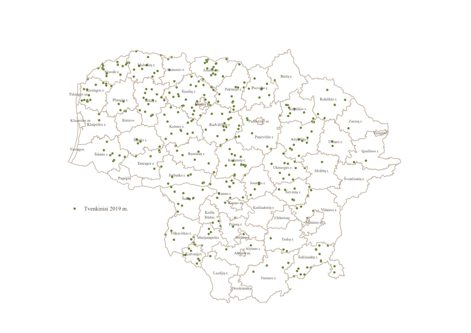 Tvenkinių pasiskirstymas, 2019 m.